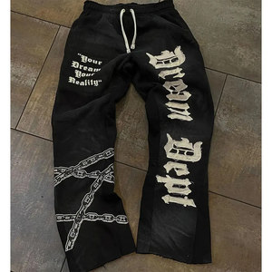 Bordado desgastado Ropa deportiva personalizada Joggers French Terry Black Corduroy Split Hem Pantalones de chándal de pierna recta Fabricación personalizada - Product Image 3