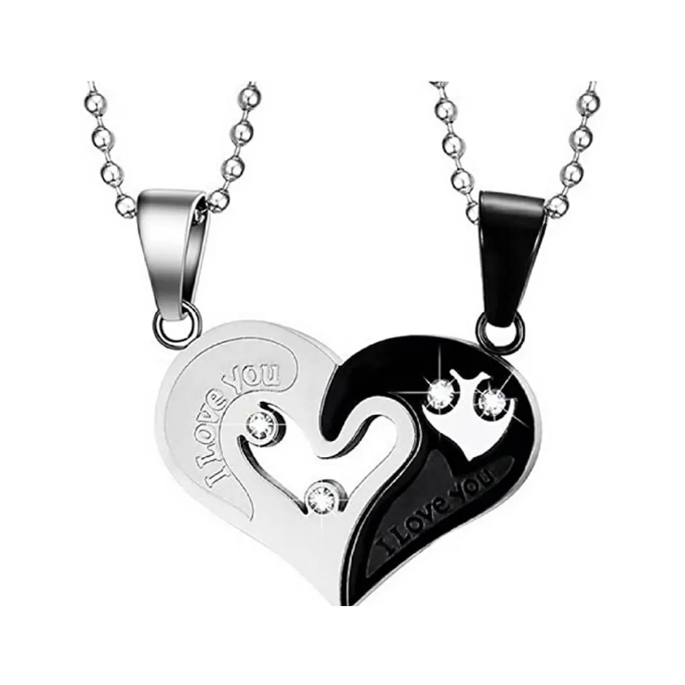 Maya's Grace Premium Quality Two Pieces Stainless Steel Heart Shaped with I Love You Message Pendant & Matching Couple Necklace