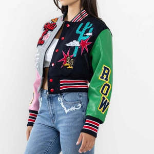 Veste universitaire pour femmes manches en cuir véritable corps en laine teint uni Letterman respirant tricoté automne saison en gros - Product Image 6