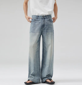 Jean en denim délavé taille haute pour homme, coupe ample, jambe large, style décontracté en coton, collection printemps - Product Image 2