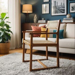 Chaise en teck artisanale de style moderne avec canne en rotin naturel, chaises de salle à manger, chaises de restaurant en plein air - Product Image 1