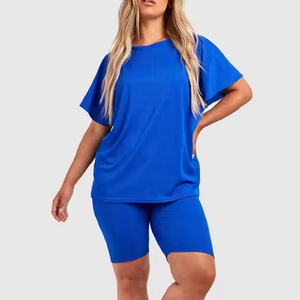 Pantalones cortos de verano de 2 piezas de alta calidad con diseño de cuello redondo para mujer, conjunto de patrón sólido hasta la rodilla de poliéster/algodón de secado rápido - Product Image 3