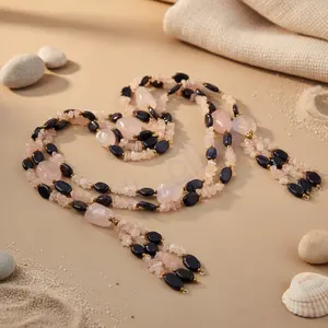 Collar de Cuentas de Cuarzo Rosa y Ónix Vintage y Clásico para Mujer, Estilo Religioso con Perla de Agua Dulce para Regalos y Fiestas - Product Image 1