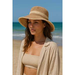 Camel Hand-Knitted Straw Beach <b>Hat</b> - Wide Brim Summer Sun Protection <b>Hat</b> with Color Detail HSR2099 - camel2099 - Product Image 1