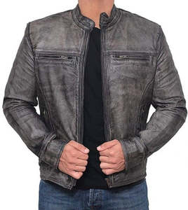 Chaqueta de Motociclista Estilo Vintage para Hombre, de Cuero Gris Desgastado, con Cuello Alto y Bolsillos Delanteros con Cremallera, Ropa de Abrigo para Otoño - Product Image 2