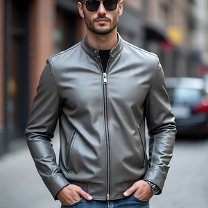 Chaquetas de cuero con cremallera de piel de oveja PU | Chaquetas de cuero genuino para motocicleta con cremallera frontal para hombre - Product Image 1