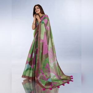 Sari imprimé abstrait vert et rose personnalisé GG-453, design élégant qui fait la différence, à porter traditionnellement, unique et abstrait - Product Image 4