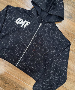 เสื้อฮู้ดดี้ครอปซิปผู้ชาย สไตล์สตรีทแวร์ฤดูหนาวแบบใหม่ ผ้าฝ้ายฟลีซโอเวอร์ไซส์ ประดับคริสตัล ลวดลายซีดจางแบบซันเฟด ลวดลายพิมพ์ดิจิทัล ล้างสีแบบแอซิดวอช - Product Image 2