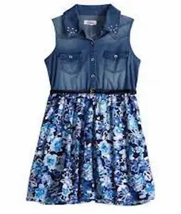 Two Piece Summer Dress Girls Clothing Sets Short Sleeve Denim Tops and Polka Dots Sling Dress Kids Wholesale Clothing