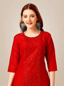 Totalmente cosido señoras niñas rayón algodón Magic Slub Kurti intrincado bordado trabajo viscosa vestido Casual indio paquistaní - Product Image 4