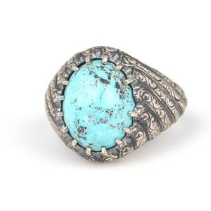 925 Sterling <b>Silver</b> Men's <b>Statement</b> <b>Ring</b> with Turquoise Stone and Oval Design Bezel Setting Hip-Hop Style for Everyday Wear - Product Image 3