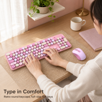 Ensemble clavier et souris sans fil USB rétro haut de gamme, touches rondes silencieuses, ultra-minces et ergonomiques, pour femmes, filles et enfants