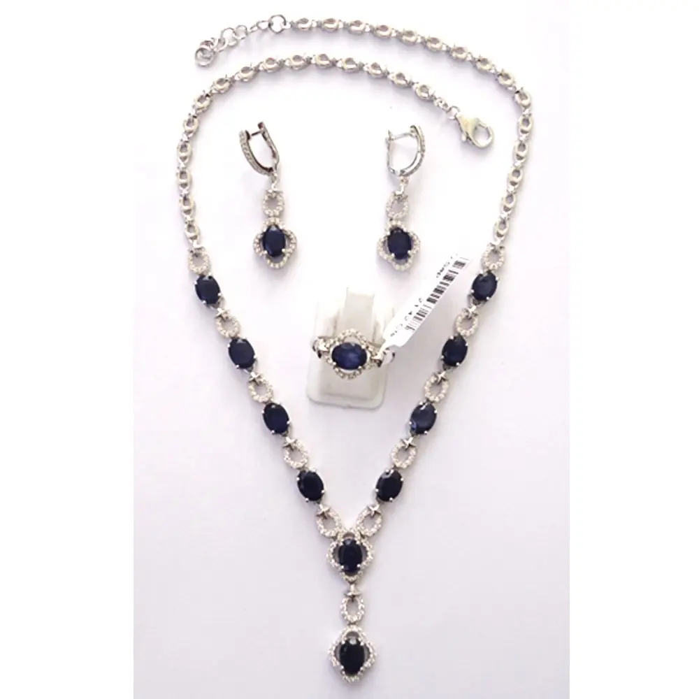 Echter blauer Saphir Bestes Design des kompletten Satzes von Halsketten ohrringen aus 925er Silber mit echten Steinen