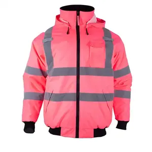 Gilet de sécurité d'hiver personnalisé en tissu de soie imperméable de classe 2 ANSI, haute visibilité réfléchissante rose, veste avec logo personnalisé - Product Image 5