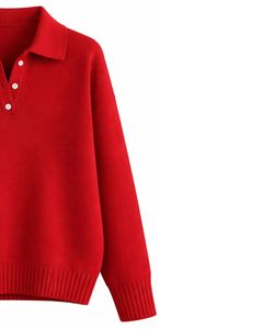 Pull en tricot à col polo pour femme personnalisé, rouge, à manches longues, doux, haut d'hiver décontracté, coupe ample, OEM personnalisé, vente en gros - Product Image 4