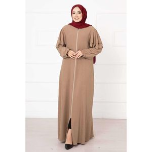 Abaya ที่มีไหล่จีบและแขนยาวรวบรวมสีอูฐ - Product Image 1