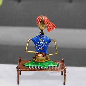 <b>Lightweight</b> Polyresin Musician Figurine Multicolour Tabletop Metal Home Decorative Item Sitting on Charpai - Product Image 1