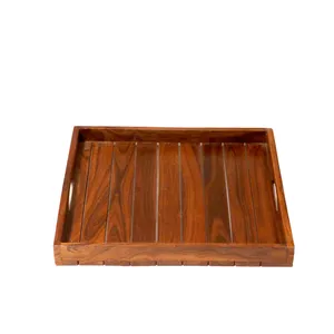 Bandejas de servir de madera hechas a mano, bandejas rectangulares apilables, acabado en madera natural, decoración para el hogar, cocina, comedor, organización de mesa - Product Image 3