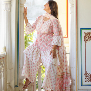 Conjunto de Verano para Mujer, Informal, de Algodón, con Bordado de Flores, Estampado Floral, Secado Rápido, Transpirable, Kurta Recta hasta el Tobillo, Tres Cuartos - Product Image 1