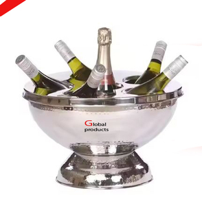 Refroidisseur de vin en acier inoxydable fini argent en métal de forme ronde de fantaisie pour le restaurant et le bar d'hôtel - Product Image 1