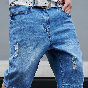 Light Blue <b>Slim</b> Men's Shorts Medium Long Wide Leg Fashion Young Trend Breathable Summer <b>Jeans</b> with OEM Service - Product Image 4