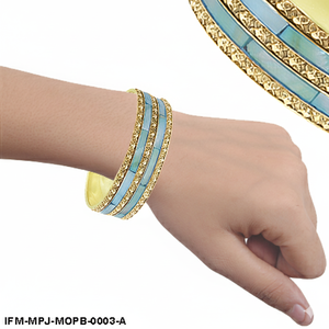 Mother of <b>Pearl</b> and Brass Inlay Bangle Set Handcrafted Blue Shell & <b>Gold</b>-Tone Brass Stackable <b>Bracelets</b> Gift For her - Product Image 2