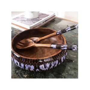 Cuenco de madera redondo pulido para servir con tenedor y cuchara Tamaño personalizado Uso de boda - Product Image 1