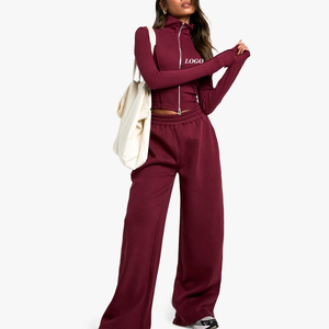 Ensemble de survêtement pour femme, coupe ajustée, design élégant, prix avantageux pour les acheteurs en gros, haut à col montant court 2026 avec pantalon droit à jambes larges - Product Image 1