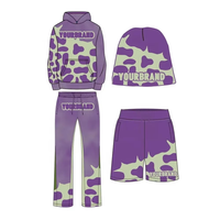 Conjunto Deportivo Personalizado con Estampado Sólido y Transpirable, Sudadera con Capucha, Pantalones Cortos, Gorro, Morado y Verde, Ropa Urbana con Pedrería, Logotipo de tu Marca OEM