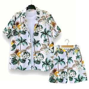 T-shirt d'été décontracté à motif de feuilles tropicales pour hommes, tissu tissé court pour les vacances à la plage et les sorties en famille - Product Image 6