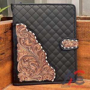 Custom <b>A4</b> Size Hand Tooled Genuine Quilted Leather Business Padfolio High Quality Cowhide Leather Interview Zippered Ring Binder - Product Image 1