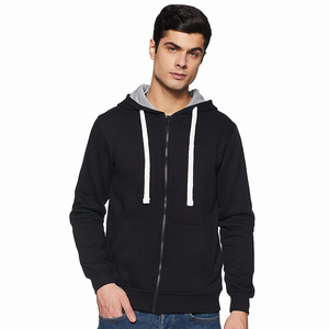 Sweat à capuche noir à fermeture éclair avec cordes blanches et logo sérigraphié personnalisé pour hommes fabricant de vêtements décontractés - Product Image 1