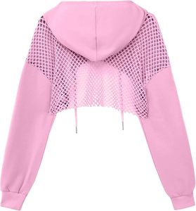 Women's Cropped Hoodie Sweatshirt Solid <b>Pink</b> Long Sleeve Knitted Asymmetric Lace Detail Oversized Spring Wear - Product Image 3