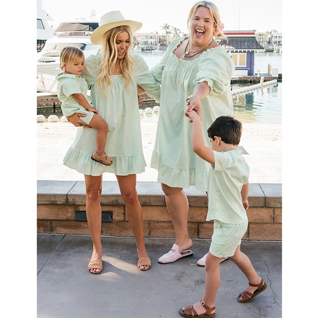 Mom and Me Striped Dress and Shirt Match Outfits Mommy and Son Matching Clothing Set
