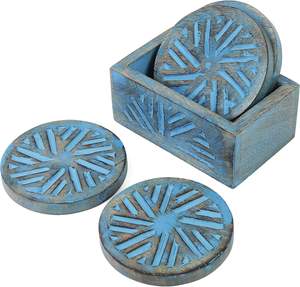 Ensemble 4 sous-verres en bois bleu rustique 5 "x 3" x 4 "hauts plateaux de table en bois de manguier conceptions géométriques accessoires de barre de table linéaire - Product Image 6