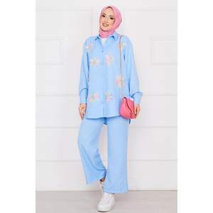 Ensemble de 2 pièces en lin brodé de fleurs Bleu - Product Image 2