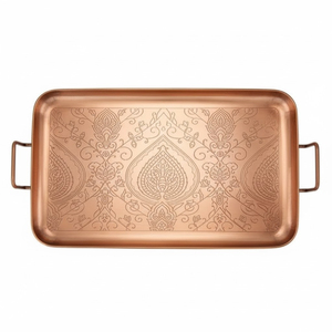Plateau de service décoratif élégant en cuivre pur gravé motif floral, qualité commerciale, compatible lave-vaisselle et micro-ondes, écologique - Product Image 1