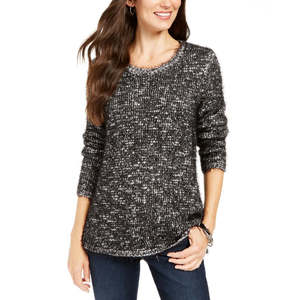 Maglione da donna Style & Co in misto lana con bordo ciglia, traspirante, casual, stile coreano, modesto, invernale, con logo frontale, nero, taglia Petite - Product Image 1