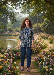 Ensemble coordonné élégant à imprimé floral pour femmes, kurta ethnique contemporain à coupe asymétrique, pantalon assorti, écharpe, tenue de soirée, polyester, séchage rapide - Product Image 4