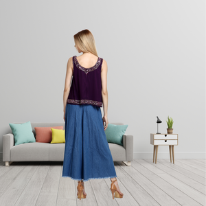 Diseñador bordado a mano Vintage púrpura Georgette Top espejo trabajo Casual azul Denim Palazzo pantalones elegante fiesta verano desgaste - Product Image 3