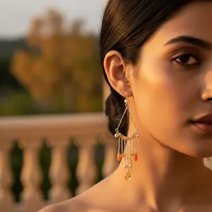 ต่างหูแบบห้อยชุบทองวินเทจ ประดับด้วยพลอยสีเหลืองและสีส้ม พร้อมไข่มุกน้ำจืดสำหรับผู้หญิง - Product Image 1