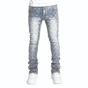 Pantalones vaqueros de mezclilla lavados con ácido azul personalizados con diamantes de imitación en toda la pierna recta pantalones vaqueros apilados de talla grande para hombres - Product Image 1