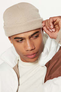 Custom Beige Knit <b>Beanie</b> with Folded Cuff Soft Acrylic Winter Hat for Men Blank <b>Slouchy</b> Cap for Embroidery Logo Design - Product Image 3