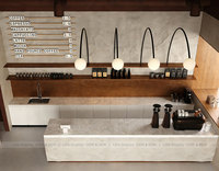 Mostrador de Recepción con Textura de Mármol para Cafetería, Estilo Industrial Moderno, con Lámpara Colgante de Globo Curvo