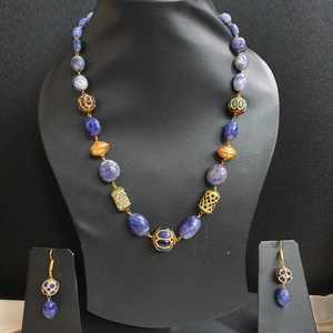 Blue Stone Jadau <b>Beaded</b> Fashion Jewelry <b>Set</b> Elegant Necklace and Earrings Combo - Product Image 2