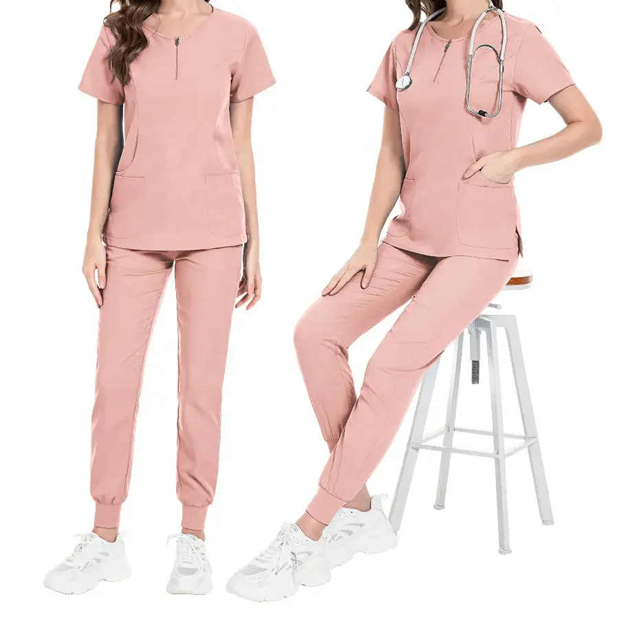 여성 스크럽 간호 유니폼 하늘색 및 핑크 스크럽 의료 스크럽 세트에 대한 맞춤형 의료 유니폼