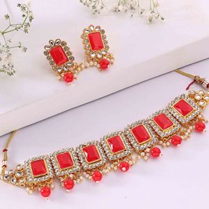 Gold Plated Fashion Choker <b>Necklaces</b>, Kundan Stone <b>Necklaces</b>, <b>Pearl</b> Choker <b>Necklaces</b> <b>Set</b>, Traditional Floral Design Jewelry <b>Set</b>. - Product Image 3