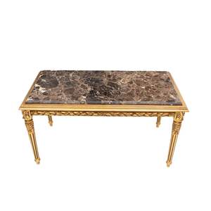 Table basse rectangulaire de luxe avec plateau en marbre brun foncé et cadre sculpté à la main en feuille d'or pour salon classique - Product Image 1