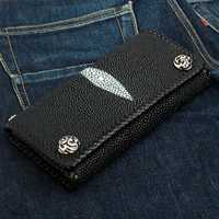 Dompet Rantai Kulit Sapi Vintage untuk Pria, Dompet Biker Panjang Buatan Tangan, Pemasok Label Pribadi OEM, Dompet Biker Kulit Hitam