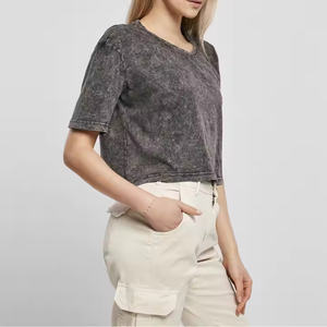 Venta al por mayor de las mujeres personalizadas de estilo lavado ácido Camiseta de cuello redondo de poliéster pesado/algodón de color gris - Product Image 4